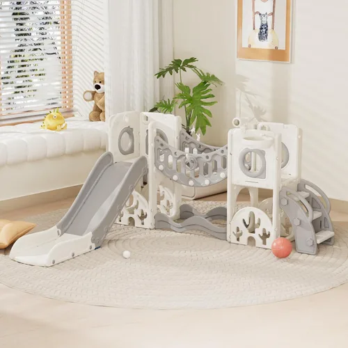 Miniatura 10 de KORIMEFA Tobogán infantil 7 en 1, tobogán infantil para bebés de 1 a 3 años, para interiores y exteriores, con aro de baloncesto y juego de golf