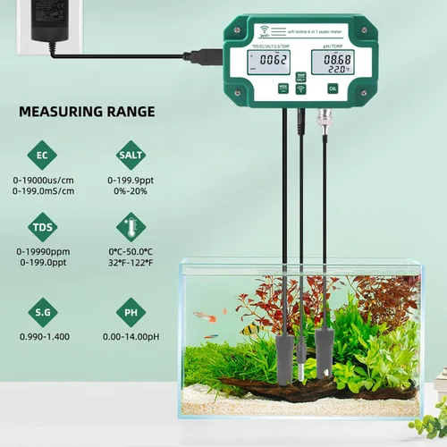 Miniatura 5 de Monitor de pH 6 en 1 Sal Temp S.G TDS EC Probador de calidad de agua, monitor continuo de pH Medidor PPM para acuarios, hidroponía, tanques