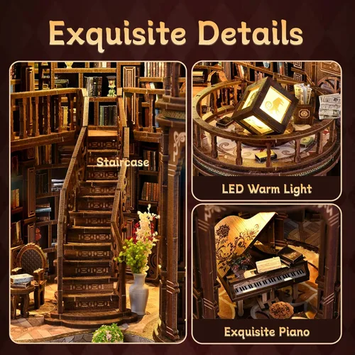 Miniatura 6 de Kit de rincón de libros en miniatura para casa de muñecas, rompecabezas de madera 3D con luz, decoración de estantería de casa pequeña, construcción