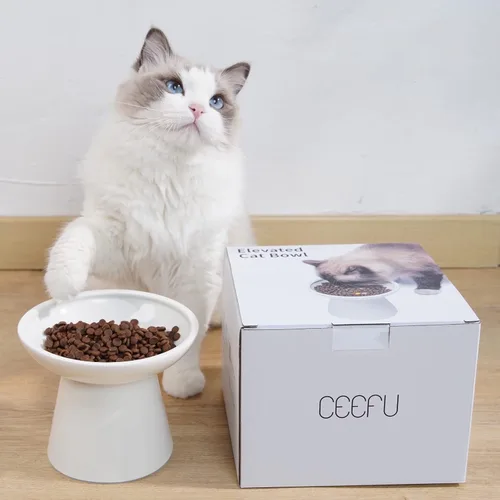 Miniatura 4 de CEEFU Cuenco elevado extra ancho de cerámica para gatos, plato poco profundo de 6.2 pulgadas para aliviar la fatiga de los bigotes, 5 pulgadas