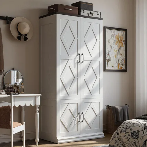 Miniatura 9 de ANCTOR Armario con puertas, armario de madera de 71 pulgadas de alto con 5 estantes de ropa, barra colgante para ropa, armario de almacenamiento