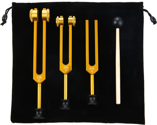Juego de diapasones 128Hz, 256Hz, 512Hz, instrumentos de sonido, diapasones Chakra con martillo, bolsa de almacenamiento y paño de limpieza, dorado