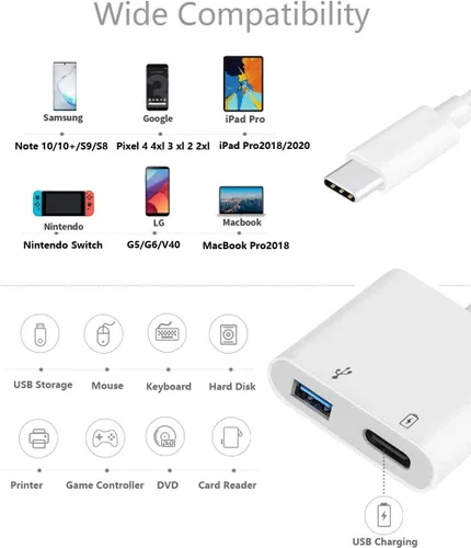 Miniatura 2 de Adaptador USB C OTG con alimentación, 2 en 1 USB C a USB hembra con adaptador de carga PD de 60 W compatible con iPhone 17/16/15, iPad Pro/Air 6