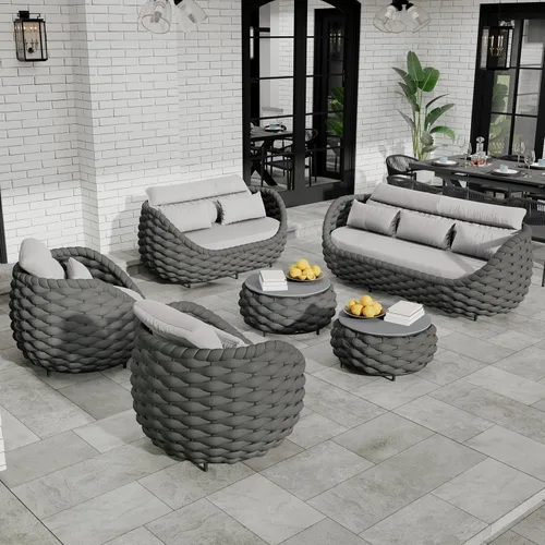 Miniatura 17 de Juego de muebles de patio de cuerda de 4 piezas: conjunto de sofás al aire libre de aluminio acolchado - sofá de conversación moderno ensamblado