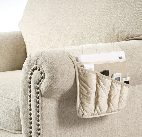 Miniatura 6 de Brilliant Sunshine Organizador de Reposabrazos de Sofá de Terciopelo Beige de 5 Bolsillos, Caddy Antideslizante para Sillón Reclinable, Soporte