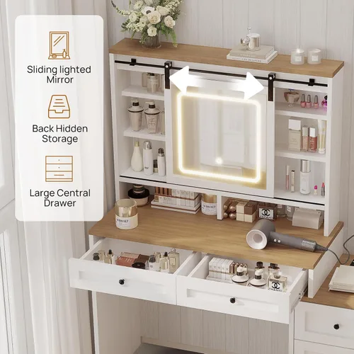Miniatura 3 de ALBAD - Escritorio de tocador de granja de 56 pulgadas con espejo y luces, color blanco Rustic Makeup Vanity Table/Dresser, Charging Station Power