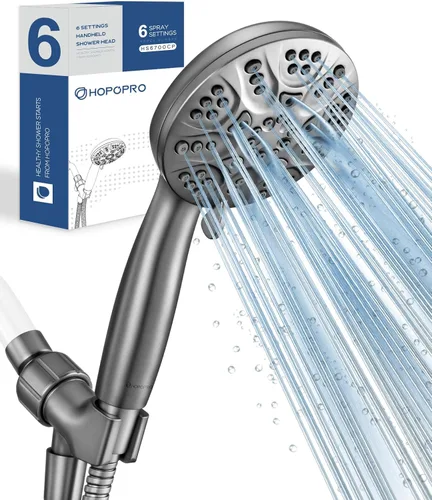 Juego de cabezal de ducha de mano de alta presión de 6 modos, cabezal de ducha de mano HOPOPRO de alto flujo recomendado por consumidores con Gris