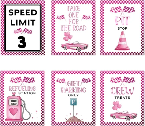 Miniatura 6 de Letreros de fiesta de primer cumpleaños de coche de carreras rosa, límite de velocidad, decoraciones de cumpleaños para niña, decoración rápida