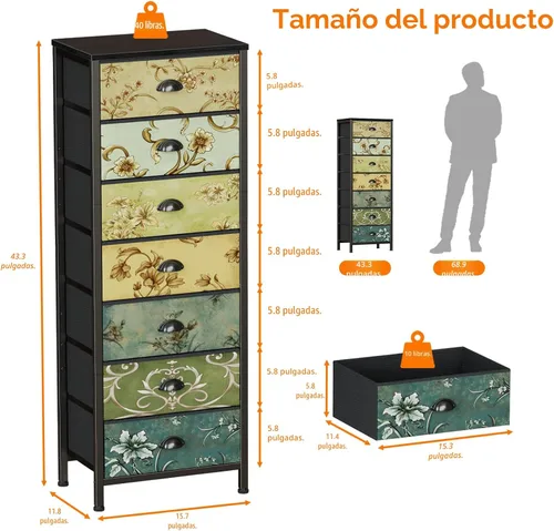 Miniatura 3 de Furnulem Cómoda de 4 cajones, mesita de noche vertical para niños, adultos, cómoda de tela para dormitorio, sala de estar, armario, guardería