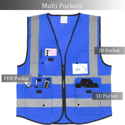 Miniatura 4 de Chaleco de seguridad reflectante con bolsillos, tira plateada de alta visibilidad para hombres y mujeres (azul, XXL)