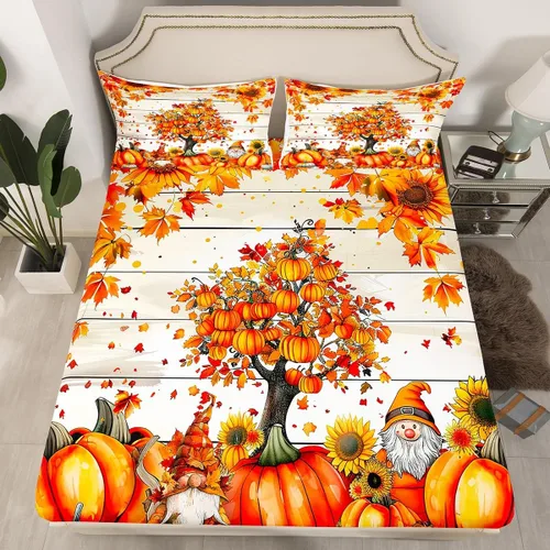 Miniatura 2 de Manfei Juego de sábanas de gnomos de otoño, tamaño individual, juego de ropa de cama de calabaza y girasol y hojas de arce para niños y niñas, juego