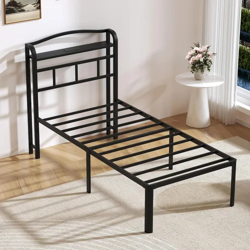 Miniatura 5 de SHOANED Base de cama de metal de 18 pulgadas, base de colchón básica de plataforma resistente de color negro con cabecera y estación de carga,