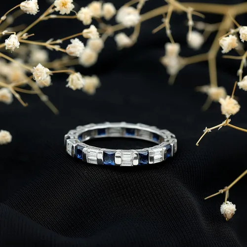 Miniatura 3 de Certified Lab Grown Blue Sapphire Eternity Band, AAAA Quality, Sapphire Moissanite Anniversary Ring - Ready To Gift