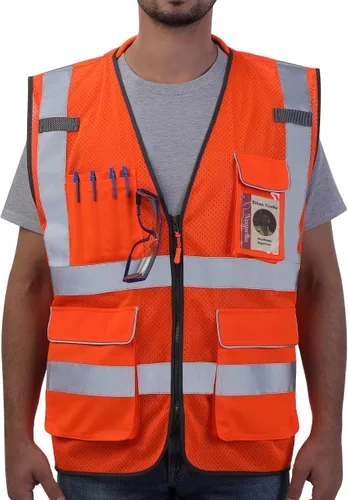 Miniatura 11 de Chaleco de Seguridad Reflectante Neopelta Naranja de Malla, Chaleco de Alta Visibilidad con Bolsillos y Cremallera, Cuello Acolchado, Chaleco