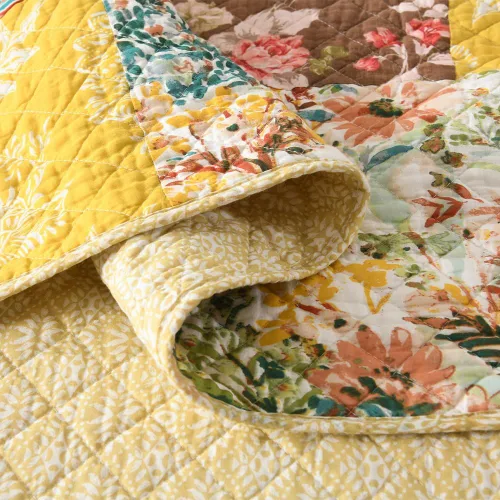 Miniatura 8 de ENASAL Juego de colcha de algodón reversible, juego de ropa de cama de lujo, vintage, rústico, precioso, cachemira, floral, amarillo, colcha