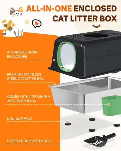 Miniatura 3 de Caja de arena XL de acero inoxidable para gatos con tapa, diseño cerrado de entrada superior, caja de arena grande de metal para gatos equipada