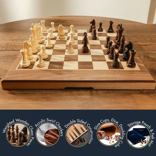 Miniatura 3 de Pointworks Juegos de backgammon de 17 pulgadas para adultos. Hermoso juego de mesa de backgammon con incrustaciones de madera con damas y dados