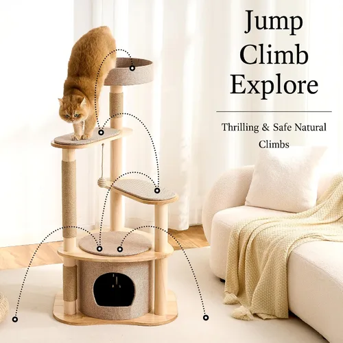 Miniatura 8 de 797Audio Moderno árbol de madera para gatos, árbol estético para gatos de 46 pulgadas con postes rascadores de madera de pino natural y condominio