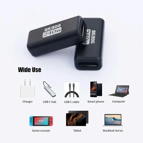 Miniatura 5 de Paquete de 3 acopladores USB C de 240 W Thunderbolt 5, USB C hembra a hembra, compatible con 80 Gbps, ancho de banda de 120 Gbps, video dual de 8K