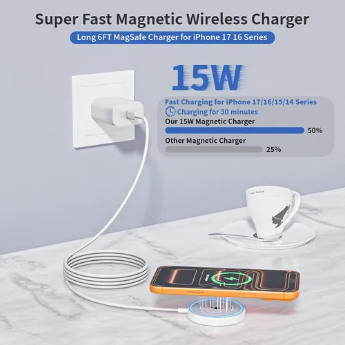 Miniatura 2 de Cargador inalámbrico magnético para iPhone, [certificado Apple MFi] Cable de carga Apple Mag-Safe de 6 pies, almohadilla de carga inalámbrica