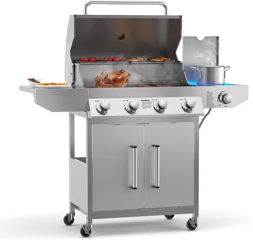 Miniatura 11 de Parrilla de gas propano, parrilla de barbacoa de acero inoxidable 4+1 con quemador lateral infrarrojo para cocinar al aire libre, color negro