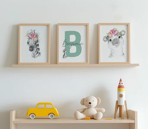 Miniatura 8 de Juego de arte de pared personalizado de safari para guardería, impresiones de animales de la selva con nombre personalizado, imágenes de decoración