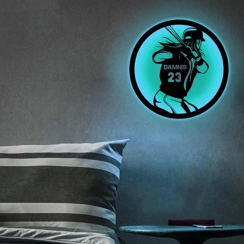 Miniatura 6 de Letrero de metal personalizado para jugador de sóftbol con luz LED, nombre y número personalizado, arte de pared de sóftbol, letrero de neón