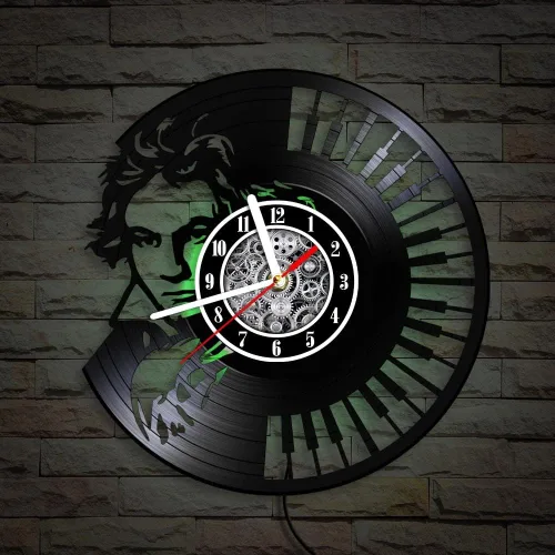 Miniatura 8 de The Geeky Days Ludwig Van Beethoven - Reloj de pared con disco de vinilo LED, 7 colores de luz, 12 pulgadas, teclado de piano de cuarzo silencioso