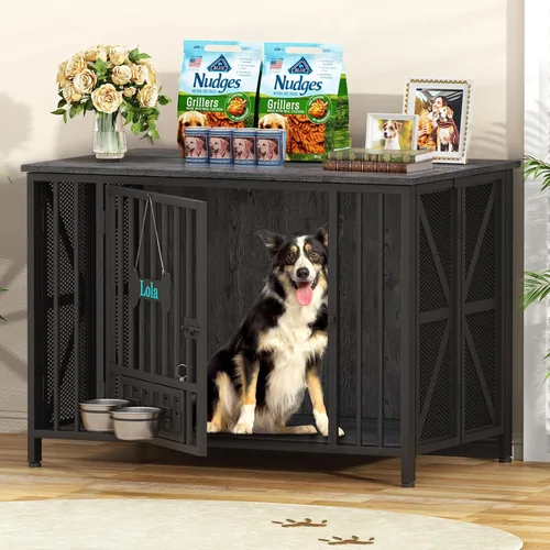 Miniatura 9 de EasyCom Muebles de Jaula Plegable Grande para Perros, 41.3" Jaulas Sin Montaje para Perros Grandes, Perrera de Madera para Interiores con Etiqueta