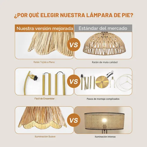 Miniatura 9 de Oneach Lámpara de pie arqueada para sala de estar, lámpara de pie de ratán boho con pantalla tejida a mano, interruptor a pedal, base y poste de Oro