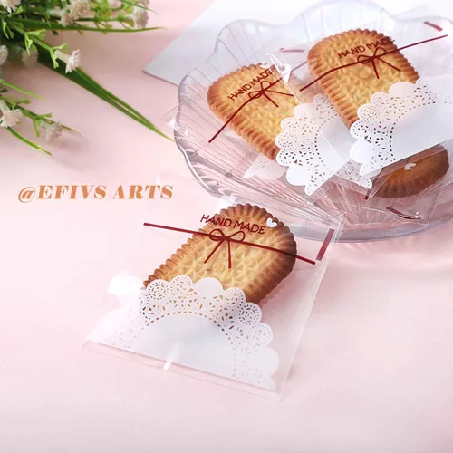 Miniatura 5 de 200 unidades de 5.5 x 5.5 pulgadas con bonito lazo de encaje transparente para asar galletas, regalo de bricolaje, plástico para dulces, envoltura