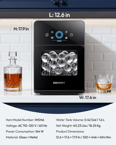 Miniatura 7 de EUHOMY Encimera para hacer bolas de hielo de 2 pulgadas, 4 piezas listas en 40 minutos, 144 unidades/día, máquina de hielo de esfera autolimpiante