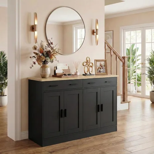 Miniatura 5 de Anystyle Armario de buffet negro de 53 pulgadas con almacenamiento, aparador de cocina, servidor de buffet con 2 cajones y 4 puertas, moderno