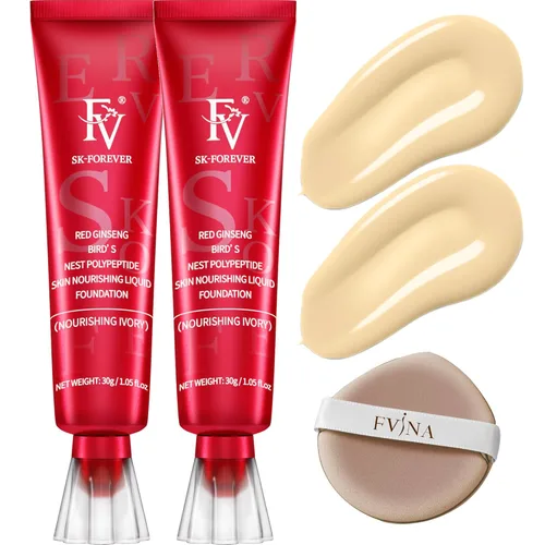 Miniatura 11 de FV Paquete de 2 bases de maquillaje líquidas, impermeables y ligeras, acabado natural con cobertura media, base hidratante para piel seca y normal