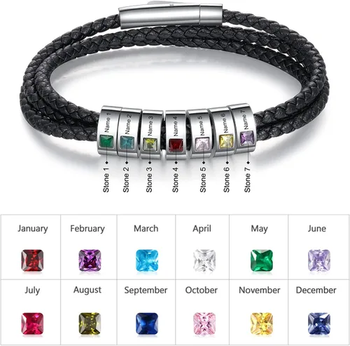 Miniatura 37 de Pulsera personalizada para el Día del Padre para hombre, pulseras personalizadas de cuero trenzado negro con cuentas grabadas de 1 a 8 nombres
