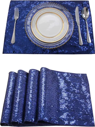 Miniatura 23 de Juego de 4 manteles individuales de lentejuelas color azul marino, manteles redondos de 15 pulgadas resistentes al calor para comedor, fiestas