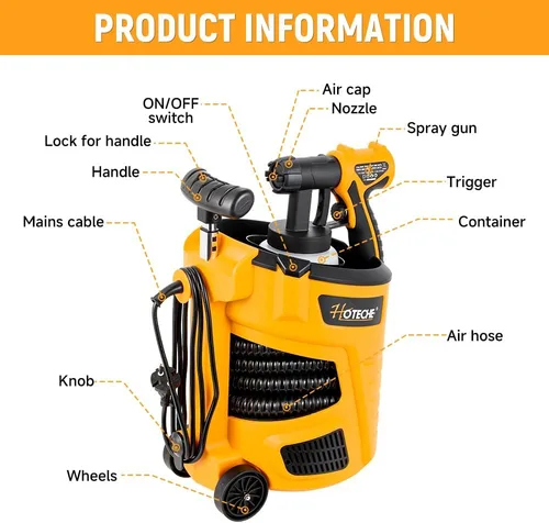 Miniatura 2 de Hoteche Pulverizador de pintura eléctrico HVLP de 700 W Contenedor de 27.1 fl oz, boquilla de 0.098 in, flujo de 33.8 fl oz/min, manguera de 9.8 ft