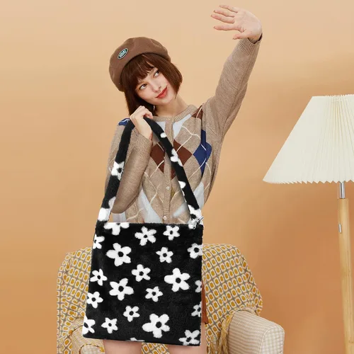 Miniatura 8 de Bolso de mano peludo y esponjoso, bolso grande y mullido, lindo bolso de felpa con cremallera para mujeres y niñas, bolso de hombro de piel