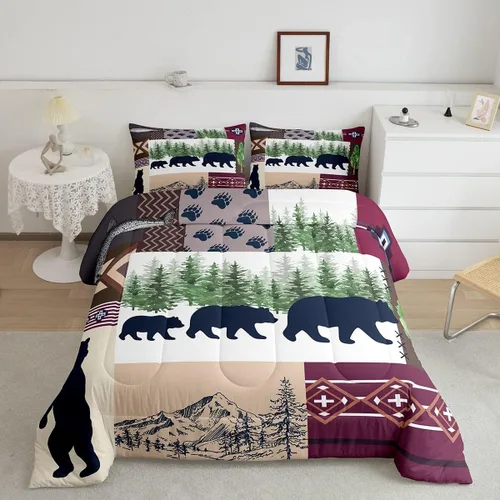 Miniatura 19 de Feelyou Juego de edredón de oso azul, juego de ropa de cama de osos de animales, juego de edredón acolchado con estampado de arboleda de galaxia
