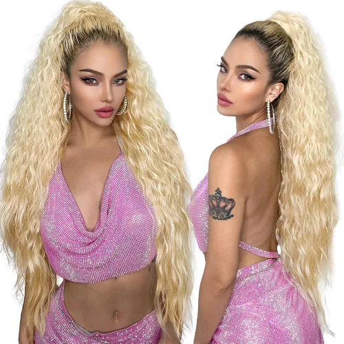 Miniatura 7 de HOOJIH Extensión de cola de caballo, extensiones de cabello con cordón para cola de caballo de 26 pulgadas de largo, pelo rizado y ondulado natural