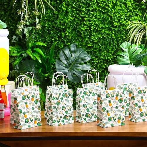 Miniatura 6 de Chivao Paquete de 24 bolsas hawaianas para recuerdos de fiesta, bolsas de regalo de papel de hoja de palma a granel con asa para Luau Summer