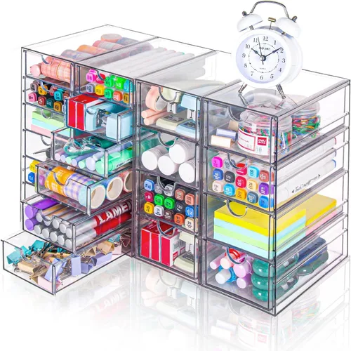 Miniatura 9 de VZKAH Organizador de acrílico transparente con cajones Unidad de escritorio de 15 cajones Organizador de maquillaje y escritorio y caja