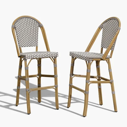 Miniatura 22 de PURPLE LEAF - Juego de 2 taburetes de bar franceses con acabado de bambú impreso, taburetes de bar de ratán para patio con respaldo, sillas de bar