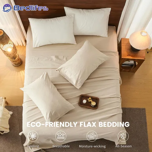Miniatura 5 de Bedlifes Juego de sábanas de 100 % lino puro francés, transpirable y refrescante, suave, duraderas y absorben la humedad, bolsillo profundo de 16