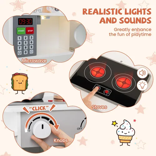 Miniatura 4 de HONEY JOY Cocina de Esquina de Juguete, Juego de Cocina de Madera para Niños Pequeños con Luces, Cafetera, Microondas, Fregadero, Grifo, Juego
