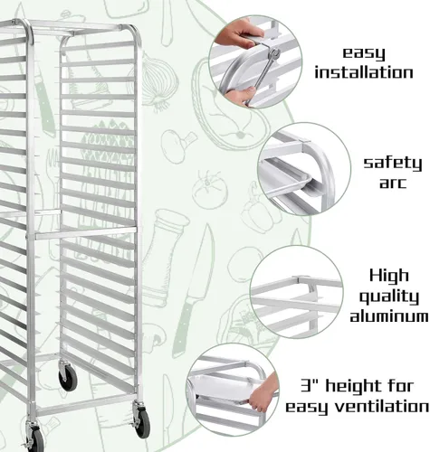 Miniatura 3 de HALLY SINKS & TABLES H Estante para panecillos de 20 niveles con ruedas, estante comercial de aluminio para panadería completa y media hoja, cocina