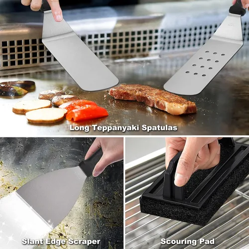 Miniatura 5 de ROMANTICIST - Juego de 29 piezas de accesorios para parrilla - Juego de espátulas Teppanyaki de parte superior plana con raspador, cubierta