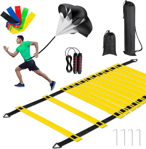 Juego de equipo de entrenamiento de fútbol, 20 pies 12 peldaños Pro Speed & Agility Escalera, paracaídas de resistencia, cuerda de saltar, 5 bandas