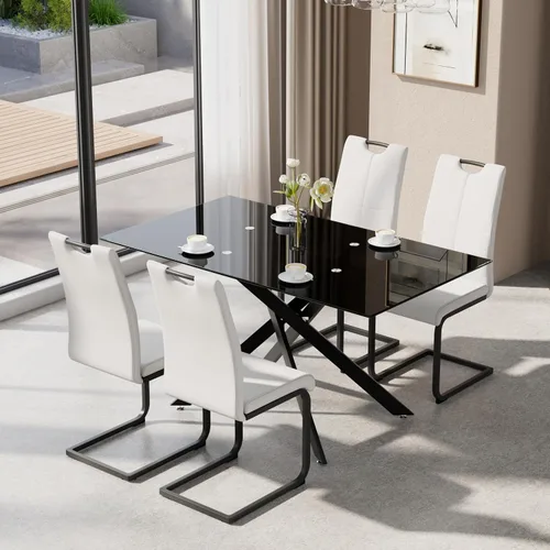 Miniatura 13 de Juego de mesa de comedor de 5 piezas para 4, mesa rectangular moderna de cristal con 4 sillas tapizadas de cuero, juegos de mesa y sillas de comedor