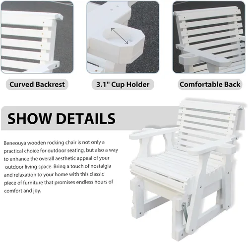 Miniatura 6 de Silla planeadora para exteriores, juego de muebles de patio de madera de 2 plazas con mesa, portavasos, respaldo alto y asiento contorneado Blanco